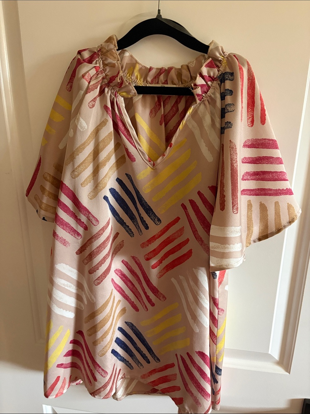 entro Beige Multi-Stripe Ruffle Neck Casual Dress